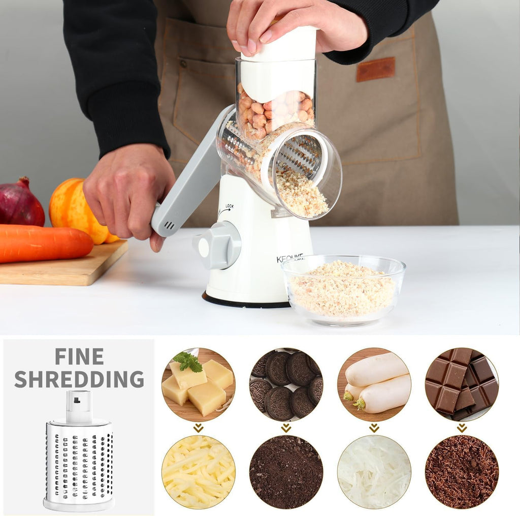 Cambom Rotary Cheese Grater Hand Crank Cheese Shredder for Fresh Cheese, Vegetable, Nuts,Non-slip Suction Base, Free Cleaning Brush Three Blades, White