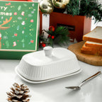 Hansense Porcelain Butter Dish with Lid for Countertop, Ceramic Butter Keeper with Handle Cover, Butter Holder Container Perfect for East and West Coast Butter, Dishwahser Safe, White