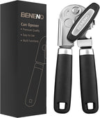 Beneno Can Opener Manual with Magnet, Hand Held Heavy Duty Can Opener with Durable Sharp Blade Smooth Edge, Big Effort-Saving Knob, Soft Grip Rubber Handle, Multifunctional Bottle Opener, Black