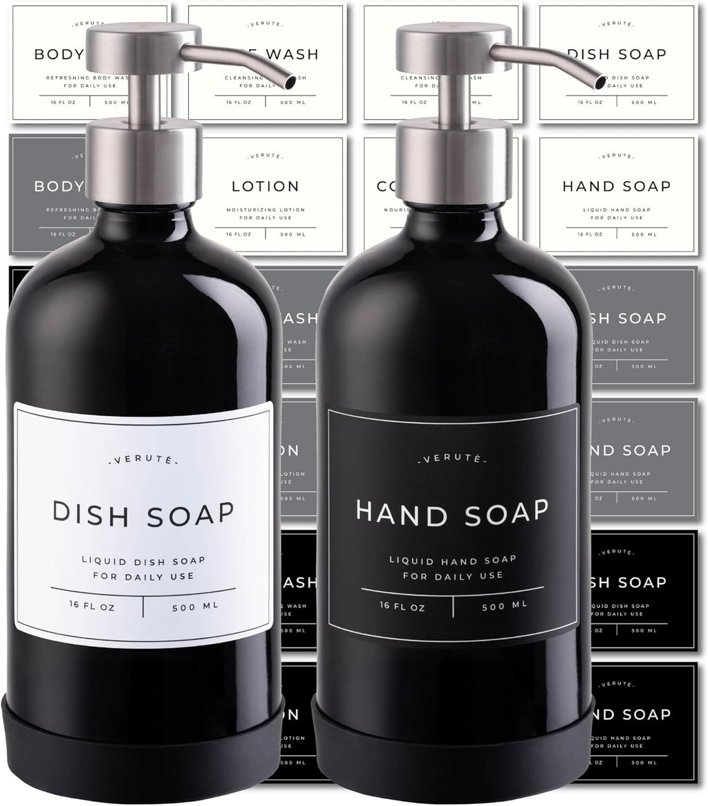 16oz Glass Soap Dispenser with Stainless Steel Pump, 21 Waterproof Labels, Non-Slip Protective Silicone Pad, Set of 2 for Bathroom & Kitchen (Gloss Black Bottle/Brushed Silver Pump)