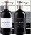 16oz Glass Soap Dispenser with Stainless Steel Pump, 21 Waterproof Labels, Non-Slip Protective Silicone Pad, Set of 2 for Bathroom & Kitchen (Gloss Black Bottle/Brushed Silver Pump)