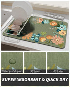 AMOAMI Coffee Mat Hide Stain Rubber Backed Absorbent Dish Drying Mat for Kitchen Counter - Fits Under Coffee Maker or Machine - Floral GREEN 17x31.5