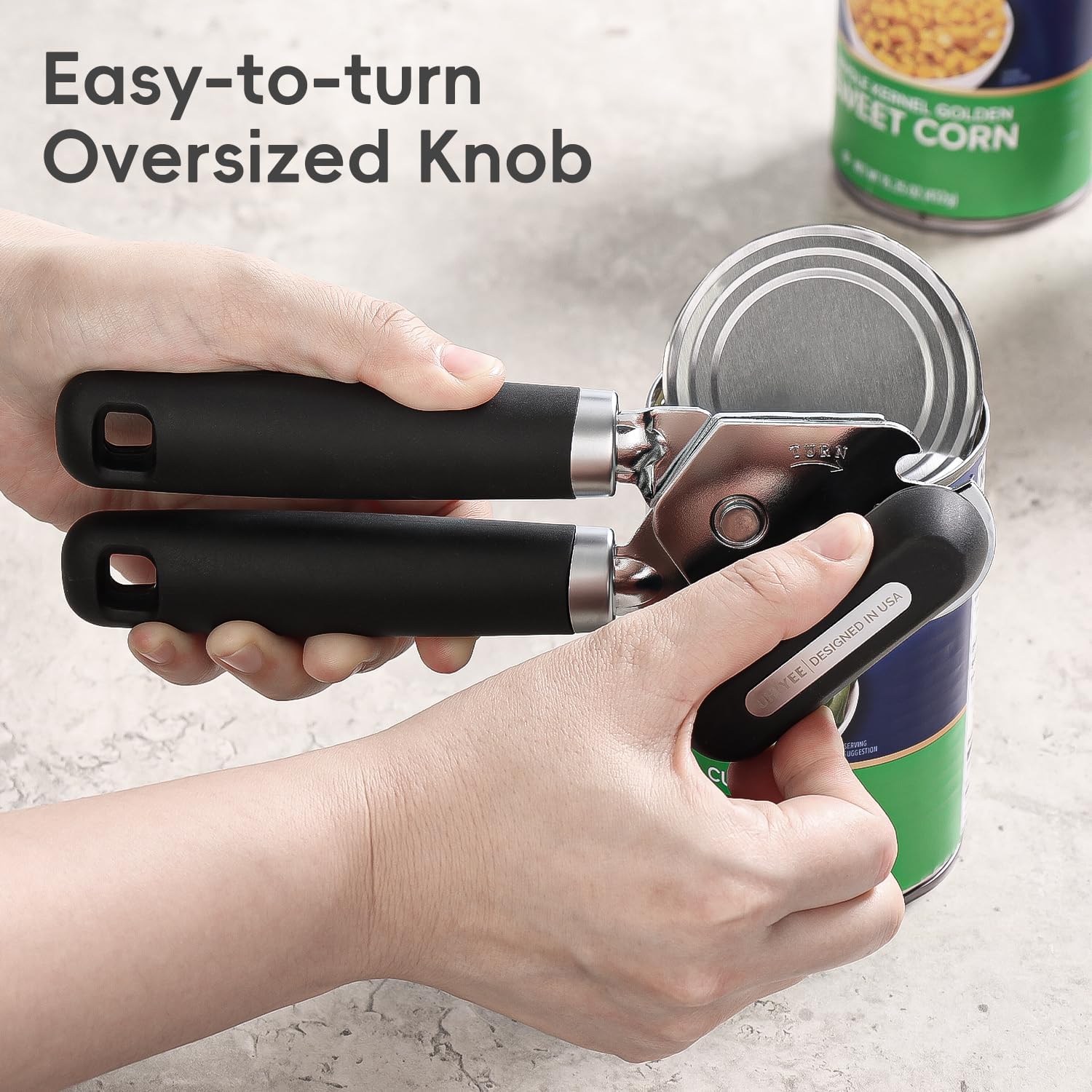 Can Opener Manual, UHIYEE Hand Held Manual Can Openers Heavy Duty with Smoother Cut Sharp Blade, Manual Hand Can Open with Soft Handle, Easy to Turn Knob, Magnetic Lid Lifter, Black