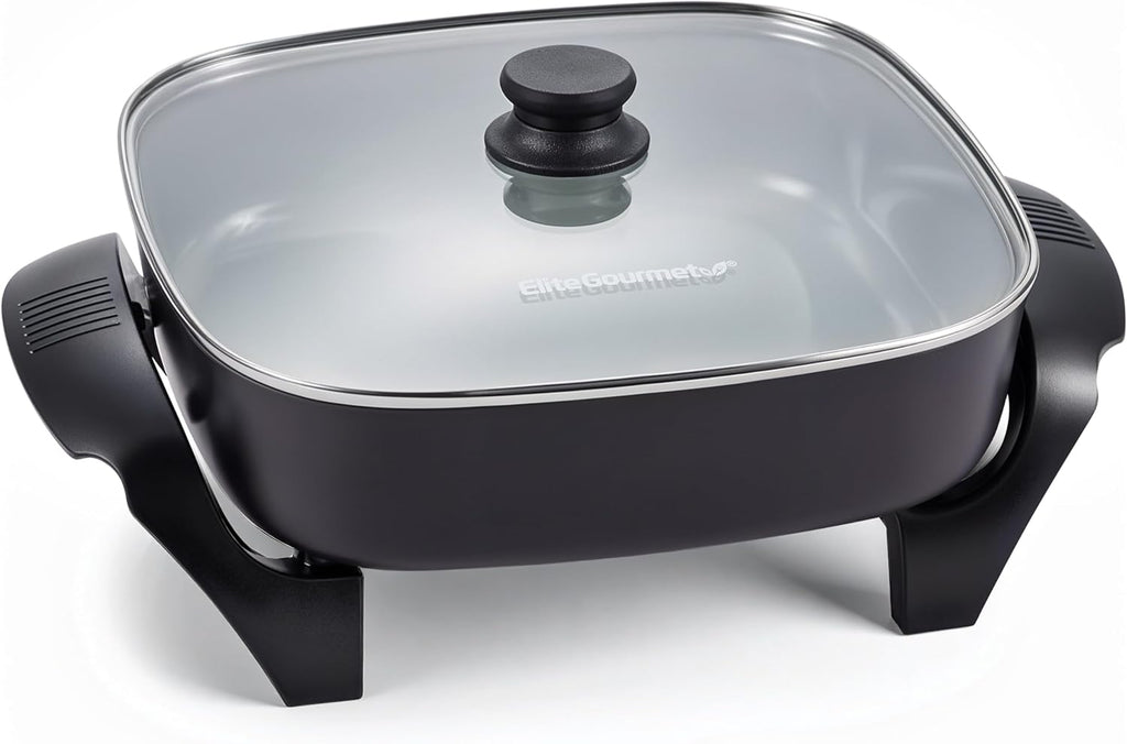 Elite Gourmet 12" x 12" x 3” Ceralast™ Ceramic Non-stick PFAS Free, Dishwasher Safe Electric Skillet, Xtra Deep Dish, Rapid Heat 1200W, Black