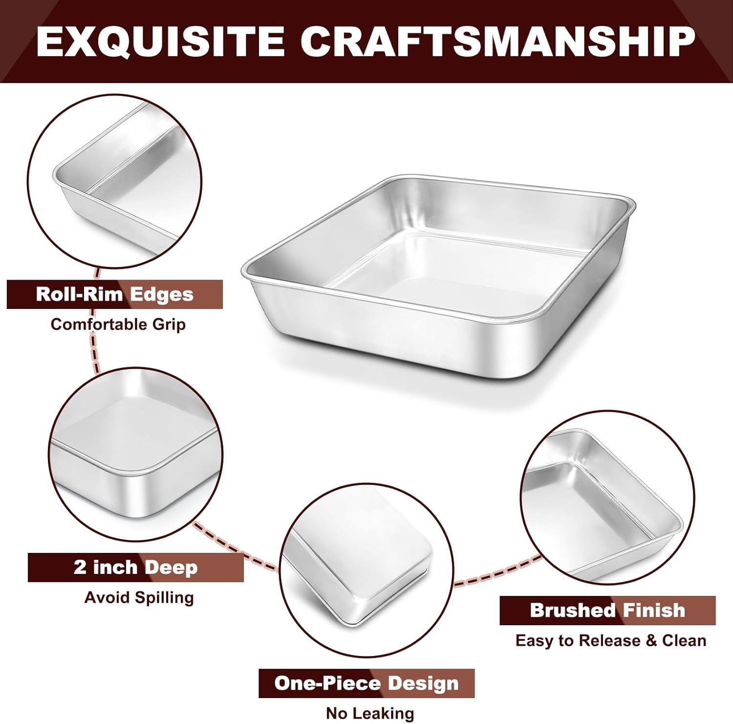 EWFEN 8 x 8 Inch Square Cake Pan, Stainless Steel Baking Pan for Lasagna Brownies Casseroles, Square Bakeware for Oven Cooking, Non-Toxic & Rust-resistant, Dishwasher Safe, 2 Pack