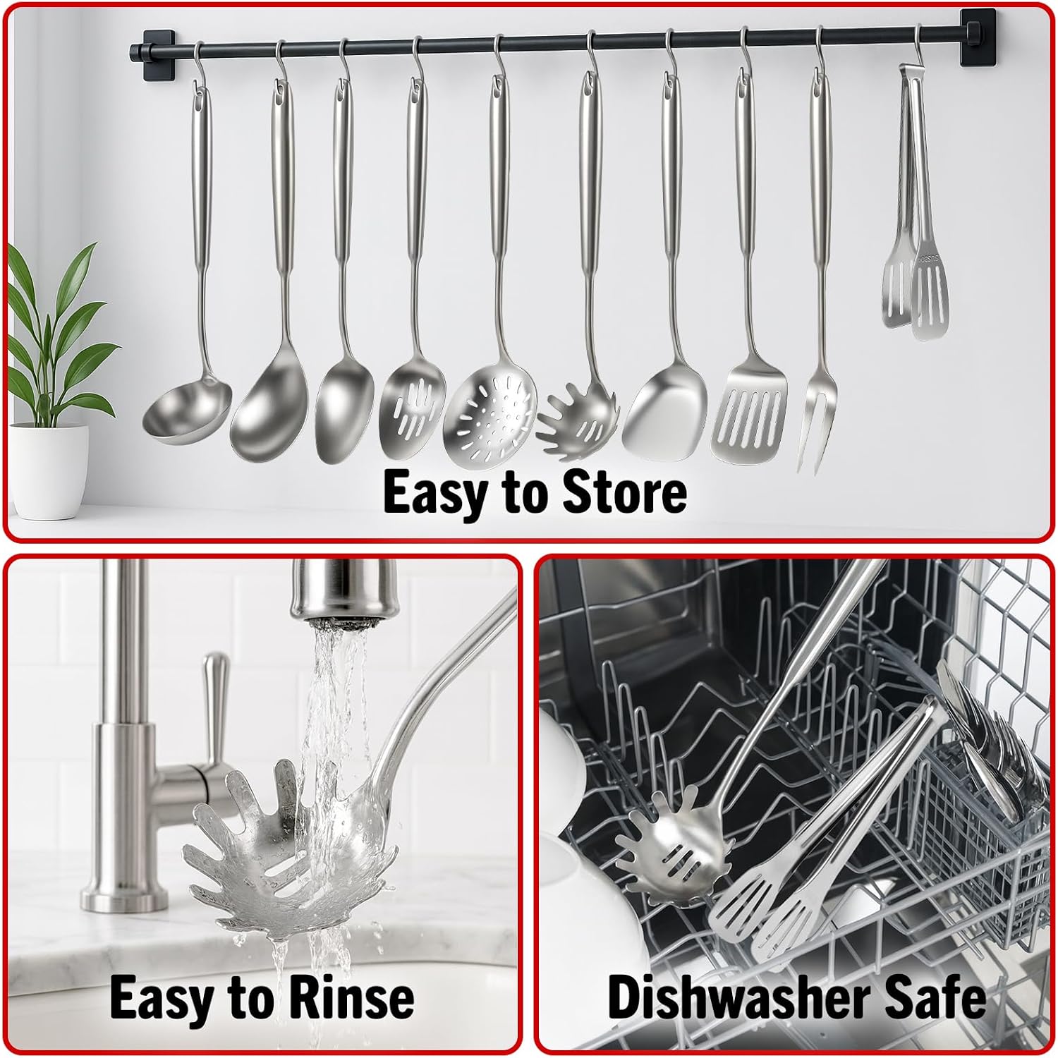 Newness 304 Stainless Steel Spaghetti Server and Spaghetti Tong, [Rustproof, Integral Forming, Durable] Pasta Spoon with Teeth with Vacuum Ergonomic Handle, Comfortable Grip Design Pasta Server