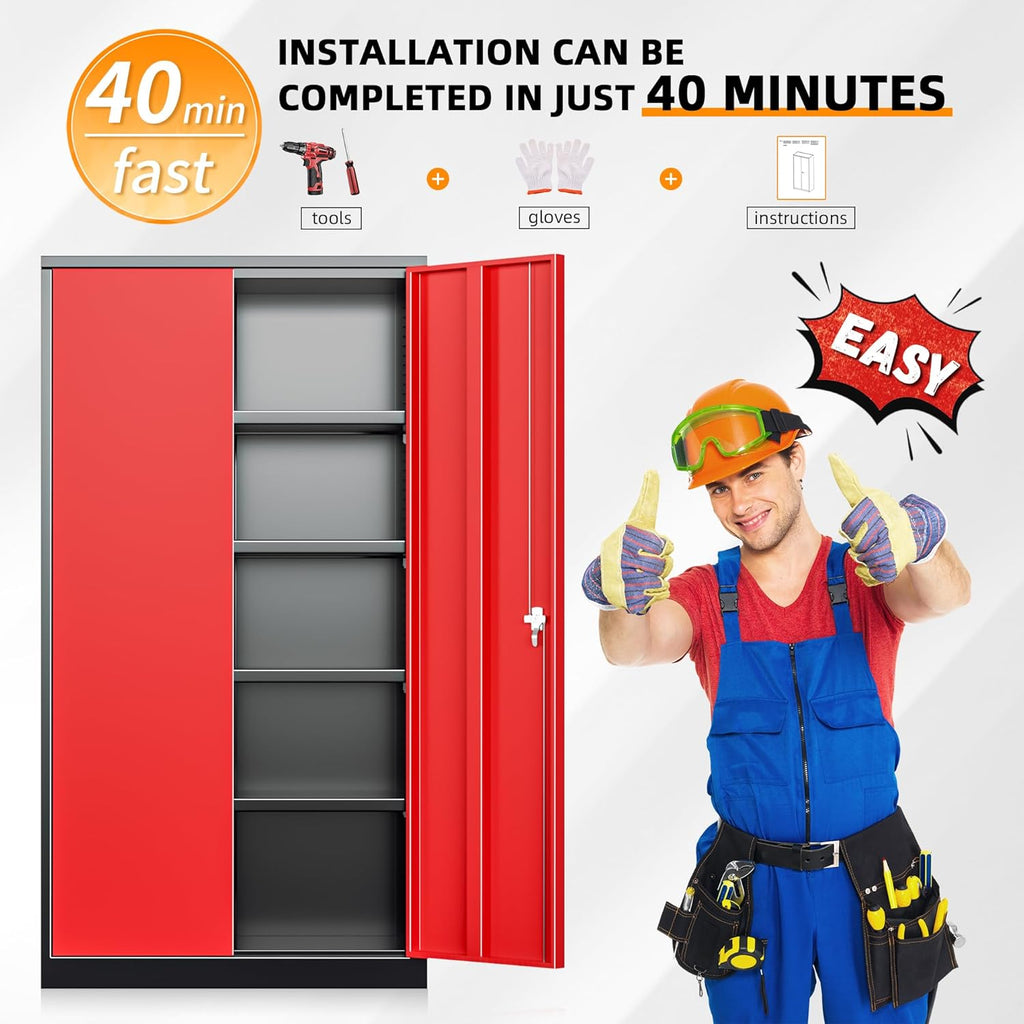 INTERGREAT Storage Cabinet, 72” Steel Locking Closet with Doors and 4 Adjustable Shelves, Tool Unit for Home Office, Garage & Tall Lockable File Cabinet, Black Red.