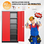 INTERGREAT Storage Cabinet, 72” Steel Locking Closet with Doors and 4 Adjustable Shelves, Tool Unit for Home Office, Garage & Tall Lockable File Cabinet, Black Red.
