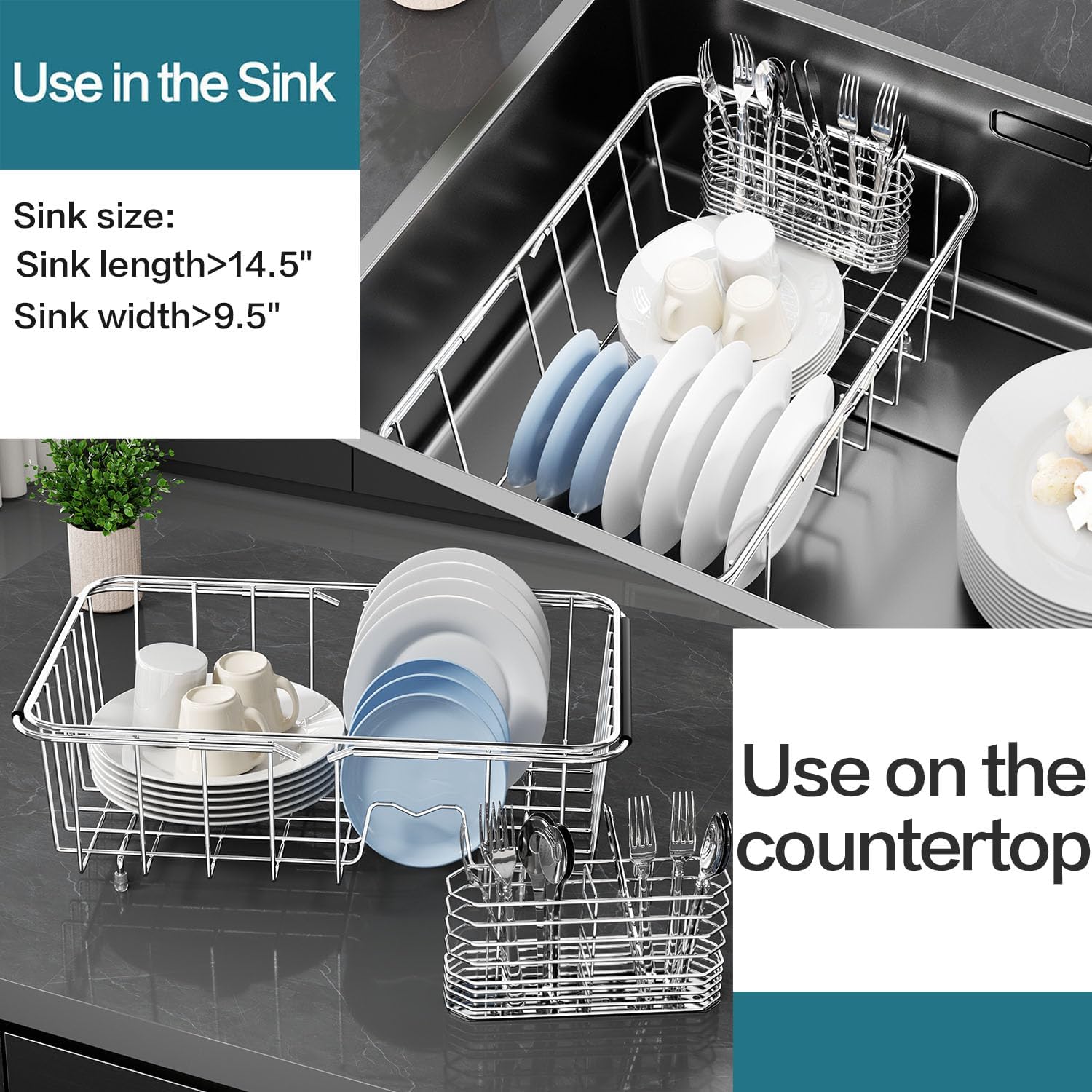 Small Dish Drainer Rack in Sink Adjustable, Expandable 304 Stainless Steel Metal Dish Drying Rack Organizer with Stainless Steel Utensil Holder Over Inside Sink Counter, Rustproof(For 1-2 People)