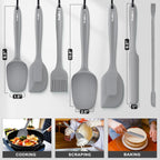 Walfos Silicone Spatula Set (7pcs) - 600℉ Heat Resistant Silicone Scraper Spatulas with Stainless Steel Core, Non Stick Flexible Rubber Spatula for Cooking, Baking and Mixing, Gray