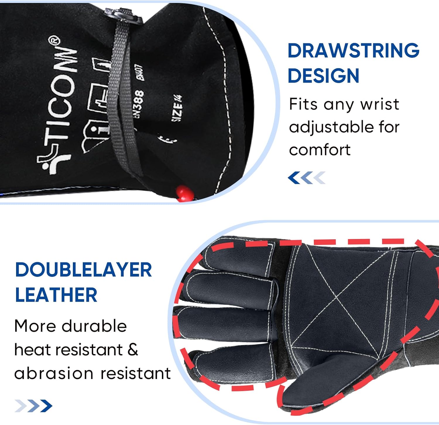 TICONN Welding Gloves, 16 IN L/XL/XXL 1000°F Heat-Resistant Fireproof Leather Gloves for Welders, Stick, Forge, Mig, Tig, BBQ