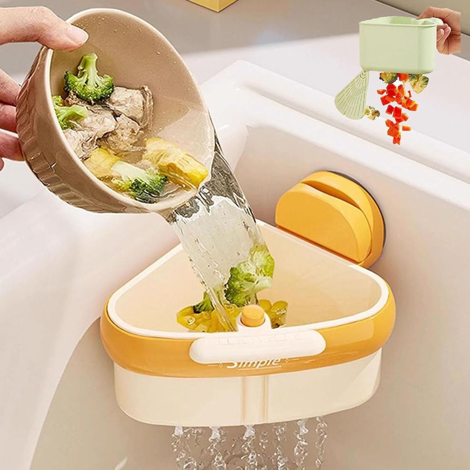 Suction Cup Sink Corner Rack, Curetoaway Corner Sink Strainer, Sink Trash Catcher, Plastic Triangular Baskets Corner Hanging, Rust Resistant, for Kitchen Food Waste (1Pcs Green)