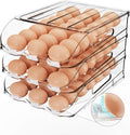 Egg Holder for Fridge, Automatic Steady Rolling Egg Dispenser with Silicone Bumpers & Handle for Refrigerator, Large Capacity Egg Organizer with Lid