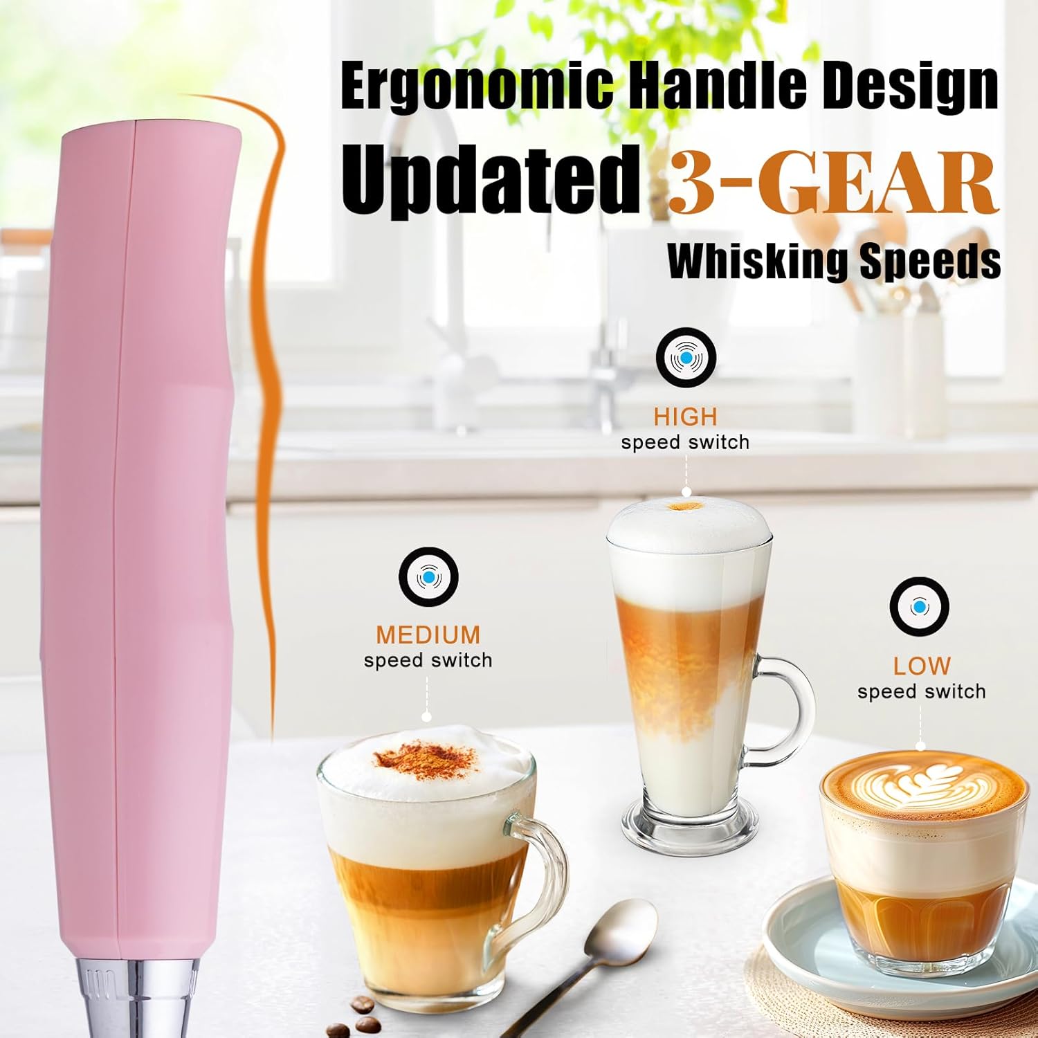 Nahida Pink Milk Frother Wand for Coffee, Frother Handheld Rechargeable Electric Whisk with 3 Heads 3 Speeds Drink Mixer Coffee Frother Foam Maker For Latte, Cappuccino, Hot Chocolate, Egg