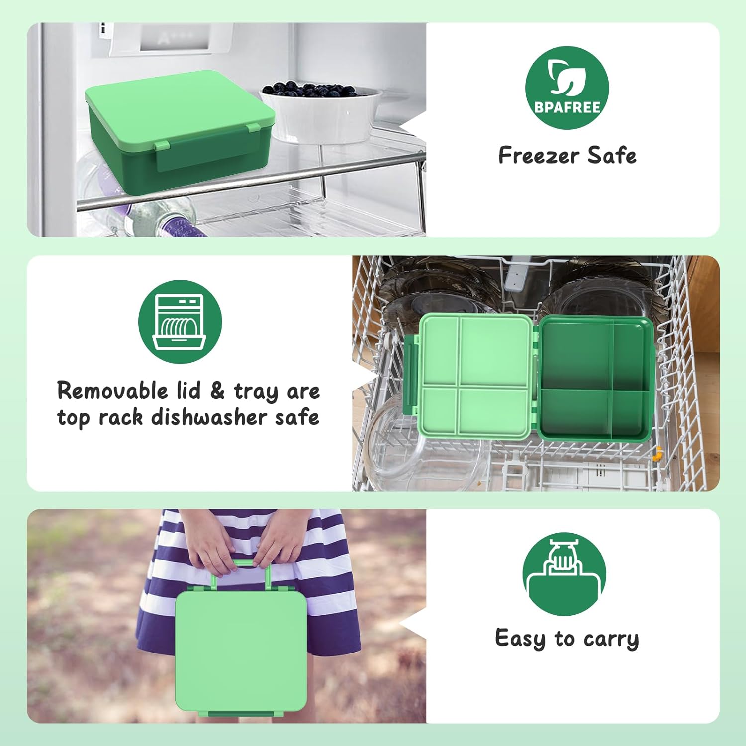 Bento Lunch Box with 8oz Soup Thermo, Leak-Proof Lunch Containers with 4 Compartment, Thermo Hot Food Jar and Insulated Lunch Box for School Green