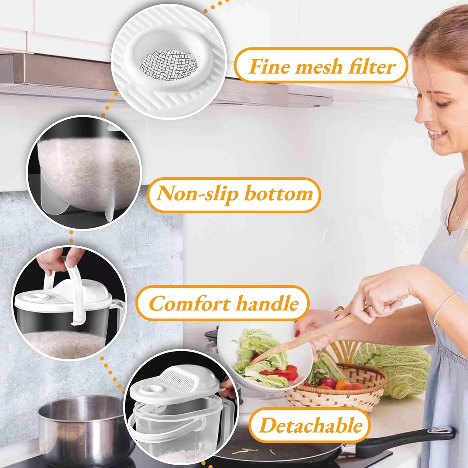 Rice Washer Strainer Bowl, Portable Rice Cleaner Strainer, Kitchen Colander with Handle for Rice, Beans, Grapes and Small Tomatoes