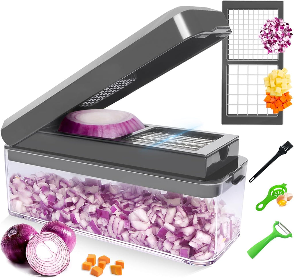 Vegetable Chopper, Onion Chopper Dicer, Mandoline Slicer with Container, Vegetable Cutter for Salad Potato Carrot Garlic（2 Blades, Grey）