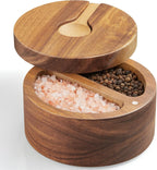 2-Compartment Acacia Salt Box with Lid and Spoon, Salt Cellar with Swivel Lid, Salt Container Holder for Sea Salt Herbs or Favorite Seasonings, Dual 6 oz Salt Bowl