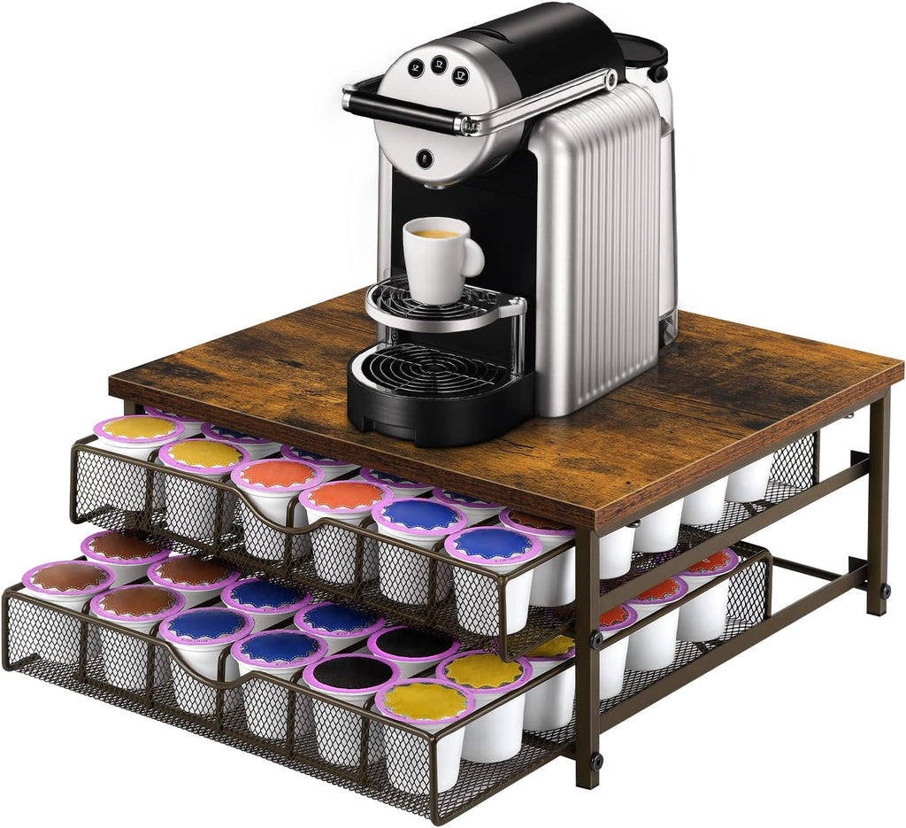 Coffee Pod Drawer Holder Coffee Pod Storage Organizer for Counter 2 Tier Coffee Pod Holder 72 Capacity Capsule Storage Rack with Sliding Baskets for Home Office (Brown)