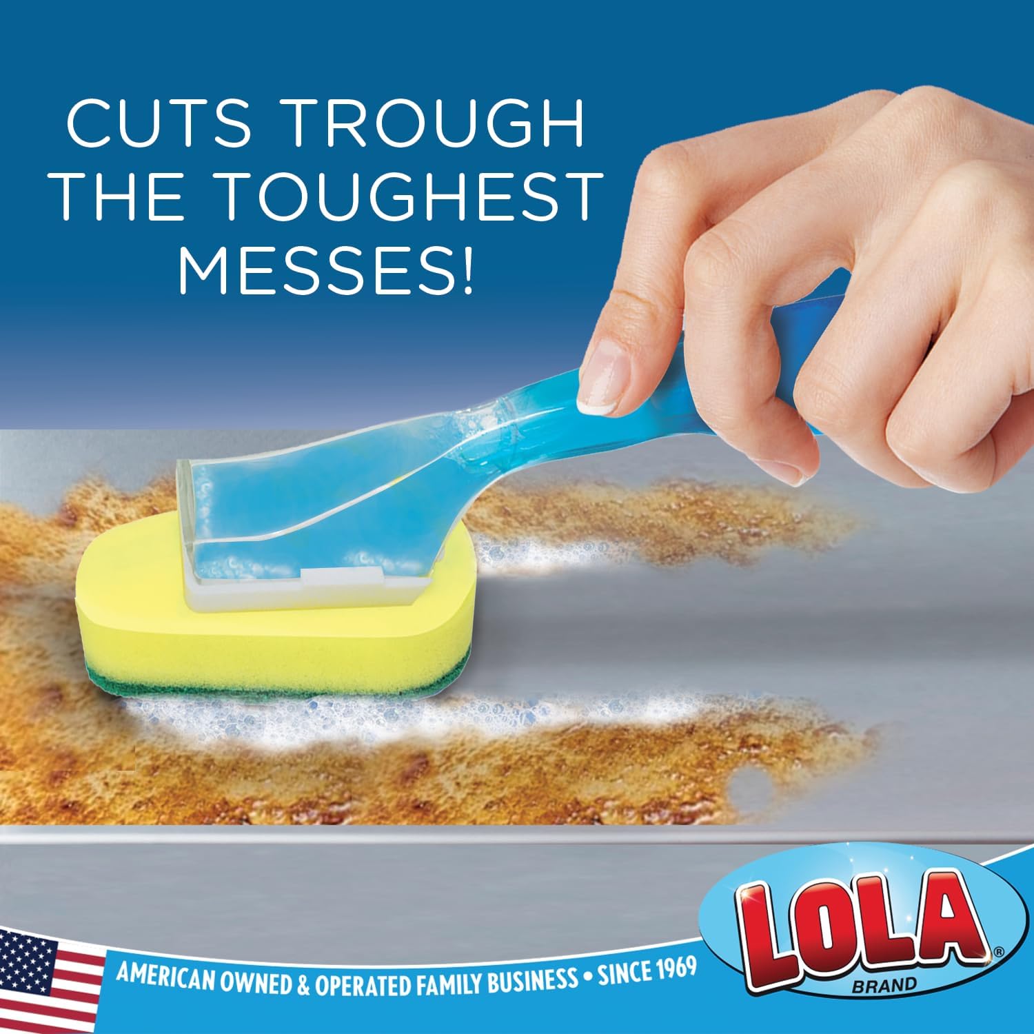 Lola Products Dish Brush w/Soap Dispenser Wand, Absorbent Sponge Scrubber, No Leaking. Clean Dishes, Sinks and Cookware, 1 Brush w/Head & 6 Refills