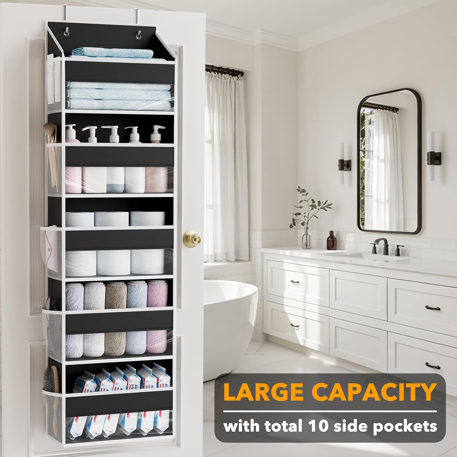 SpaceAid 1 Pack Over The Door Organizer with 5 Large Pockets and 10 Mesh Side Pockets, 5 Layers Door Organizer Hanging with Clear Window for Bedroom, Bathroom, Pantry and Nursery, Black