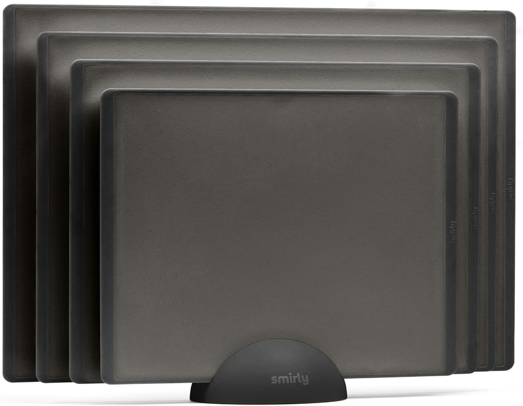 SMIRLY Plastic Cutting Board Set with Holder 4 Pieces, Non-Slip Dishwasher Safe Chopping Boards for Kitchen, Dark Grey