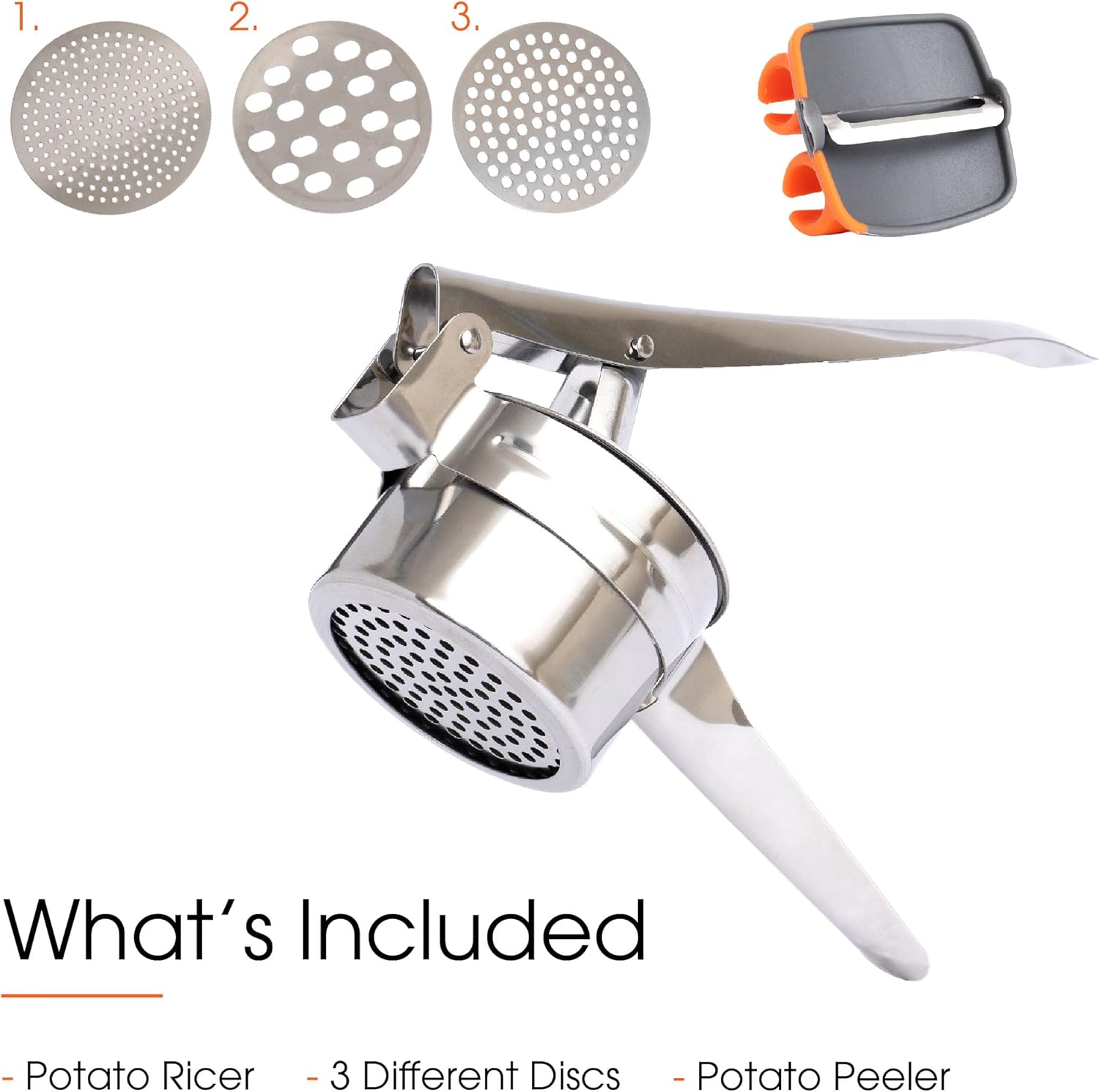 Potato Ricer with Stainless Steel Potato Peeler and 3 Interchangeable Discs | 15 oz Stainless Steel Potato Masher, Kitchen Gadget for Potatoes, Potato Ricer Kitchen Tool by Savver