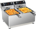 ROVSUN 36QT Electric Deep Fryer 240V, 6600W Dual Tank Commercial Deep Fryer w/ 60-Min Timer Overheat Protection Adjustable Feet, Temp Control & Baskets, Stainless Steel Countertop Fryer for Restaurant