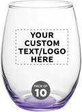 Custom Stemless Wine Glasses in Bulk by ARC Perfection, 15 oz, 10 pack, Personalized Text, Logo, Purple or White Wine Glass Set, Purple
