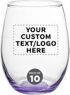 Custom Stemless Wine Glasses in Bulk by ARC Perfection, 15 oz, 10 pack, Personalized Text, Logo, Purple or White Wine Glass Set, Purple