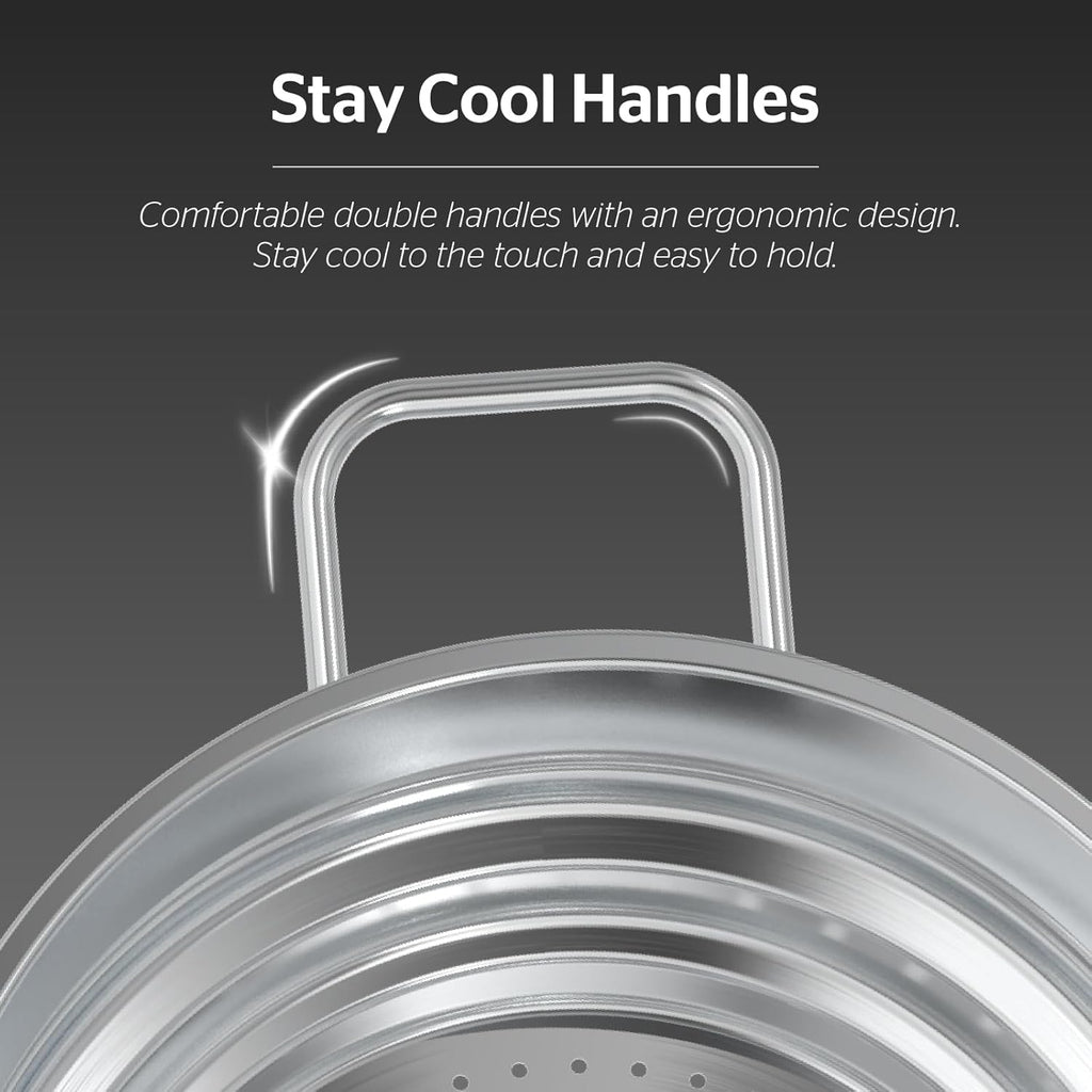 SUNHOUSE 5 Quart Stainless Steel Steamer Insert – Multi-Purpose Soup & Food Steamer with Stay-Cool Handles & Heavy-Duty Glass Lid – Fits Various Pot Sizes (8", 9", 9.5")