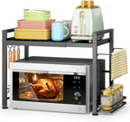 DOLALIKE Microwave Oven Rack, Expandable Microwave Stand Countertop Kitchen Utensils Tableware Storage, Carbon Steel Over Microwave Shelf Countertop with 6 Hooks