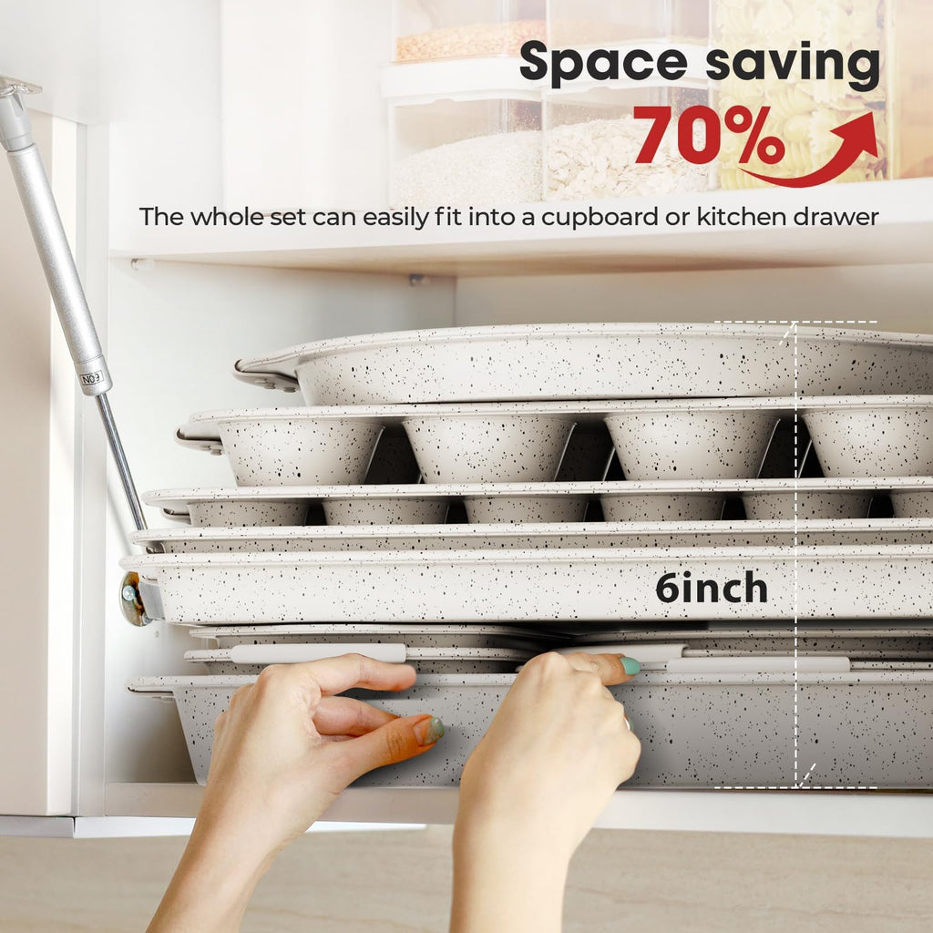 10-Piece Kitchen Nonstick Stackable Bakeware Set, Non Toxic Bakeware Sets with Silicone Handles, Includes Cookie Sheets, Cake Pan, Loaf Pan, Pizza Pan, Muffin Pan, White