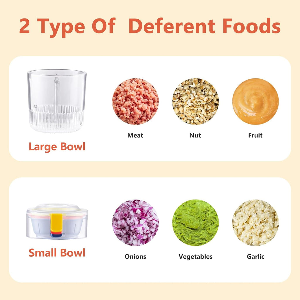 Kawu Portable Food Processor, Electric Food Chopper with 2 Bowls (2 Cups+3x 0.4 Cup), 2 Stainless Steel Blades, USB Rechargeable, One-Button Wireless Meat Grinder & Vegetable Chopper for Kitchen, Home