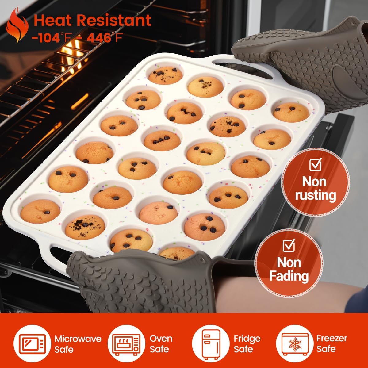 CAKETIME Mini Muffin Pan, Metal Reinforced Frame Mini Cupcake Pans 24 Cups Nonstick Muffin Silicone Molds with Handle for Baking Muffins, Cupcakes, Egg Bites 2 Pack