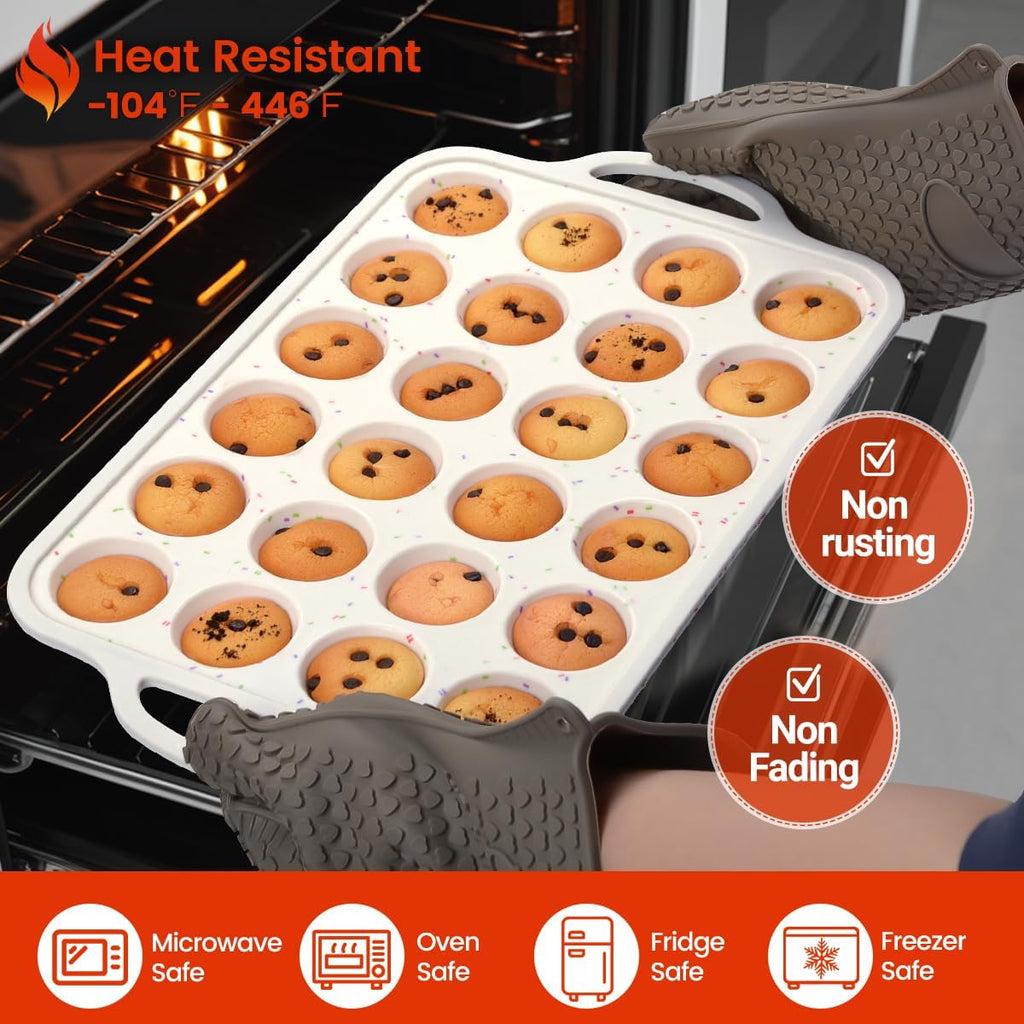 CAKETIME Mini Muffin Pan,Metal Reinforced Frame Silicone Cupcake Pan，Easy To Handle Nonstick 24 Cups Small Muffin Pan, White