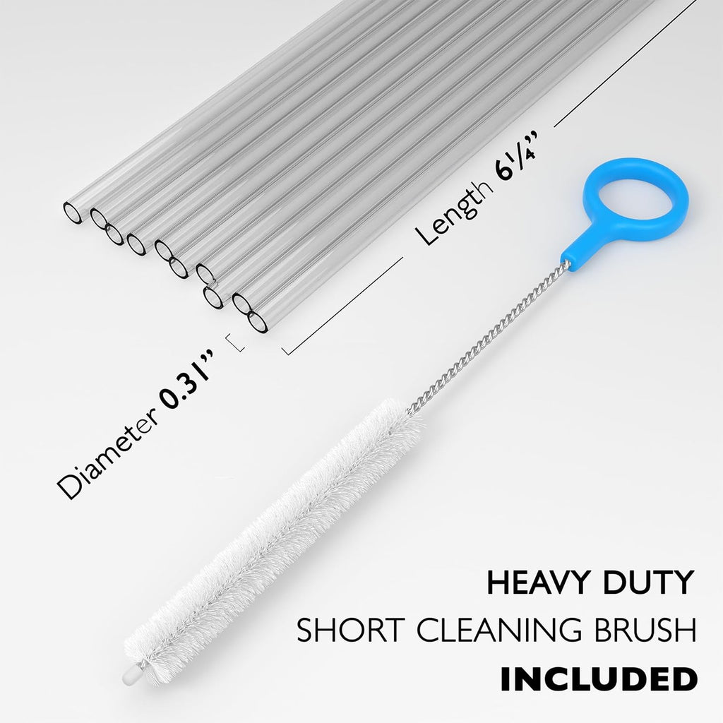 10 Short Clear Straws - Hard Semi-transparent Plastic Reusable Drinking Straws + Sturdy Cleaning Brush - for Cocktails, Small Cups, Kids Drinks - Dishwasher Safe BPA Free