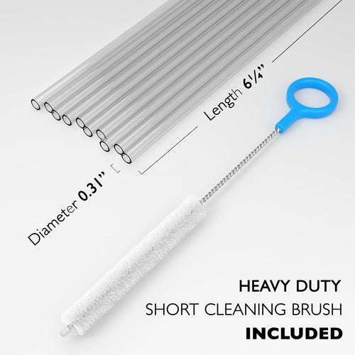 10 Short Clear Straws - Hard Semi-transparent Plastic Reusable Drinking Straws + Sturdy Cleaning Brush - for Cocktails, Small Cups, Kids Drinks - Dishwasher Safe BPA Free