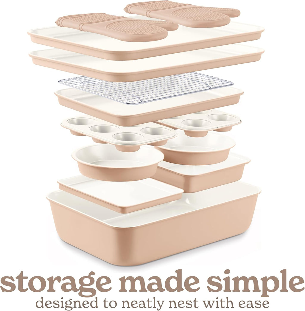 Country Kitchen Nonstick Stackable Bakeware Set - Deluxe Heavy Duty, Durable, Easy Release Baking Set, Taupe, 13 Pcs with Handles