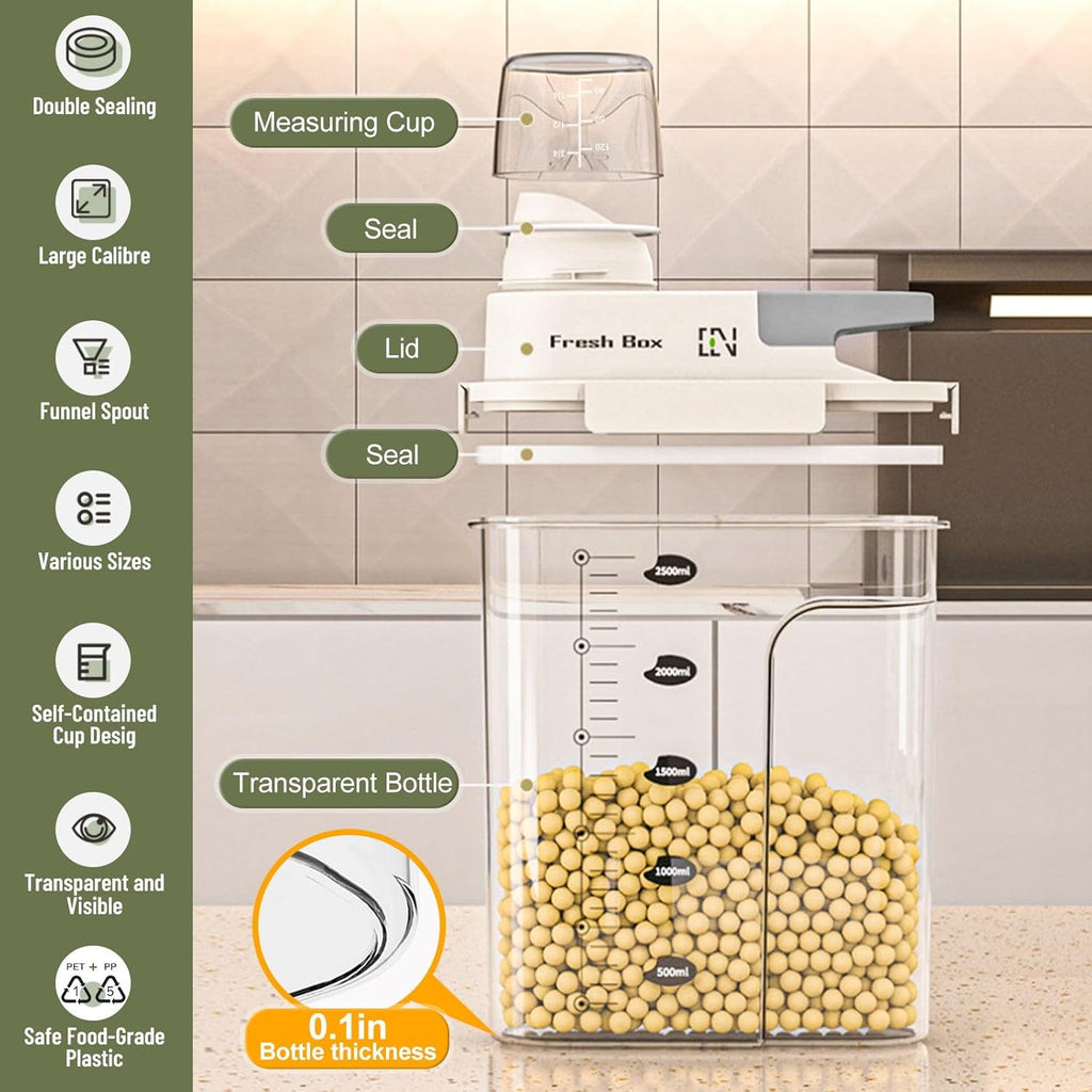 Cereal Storage Container 2Pack,44oz/1.3L Airtight Food Storage Containers With Lids,Organizers Storage With Measuring Cup for Beans,Sugar,Rice,Nuts,Snacks,Pet Food,Candy