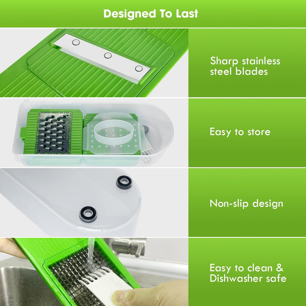 LHS Multifunctional Vegetable Chopper - 7 in 1 Veggie Slicer, Dicer, Cutter for Onions, Potatoes, Salad - Green Container Included