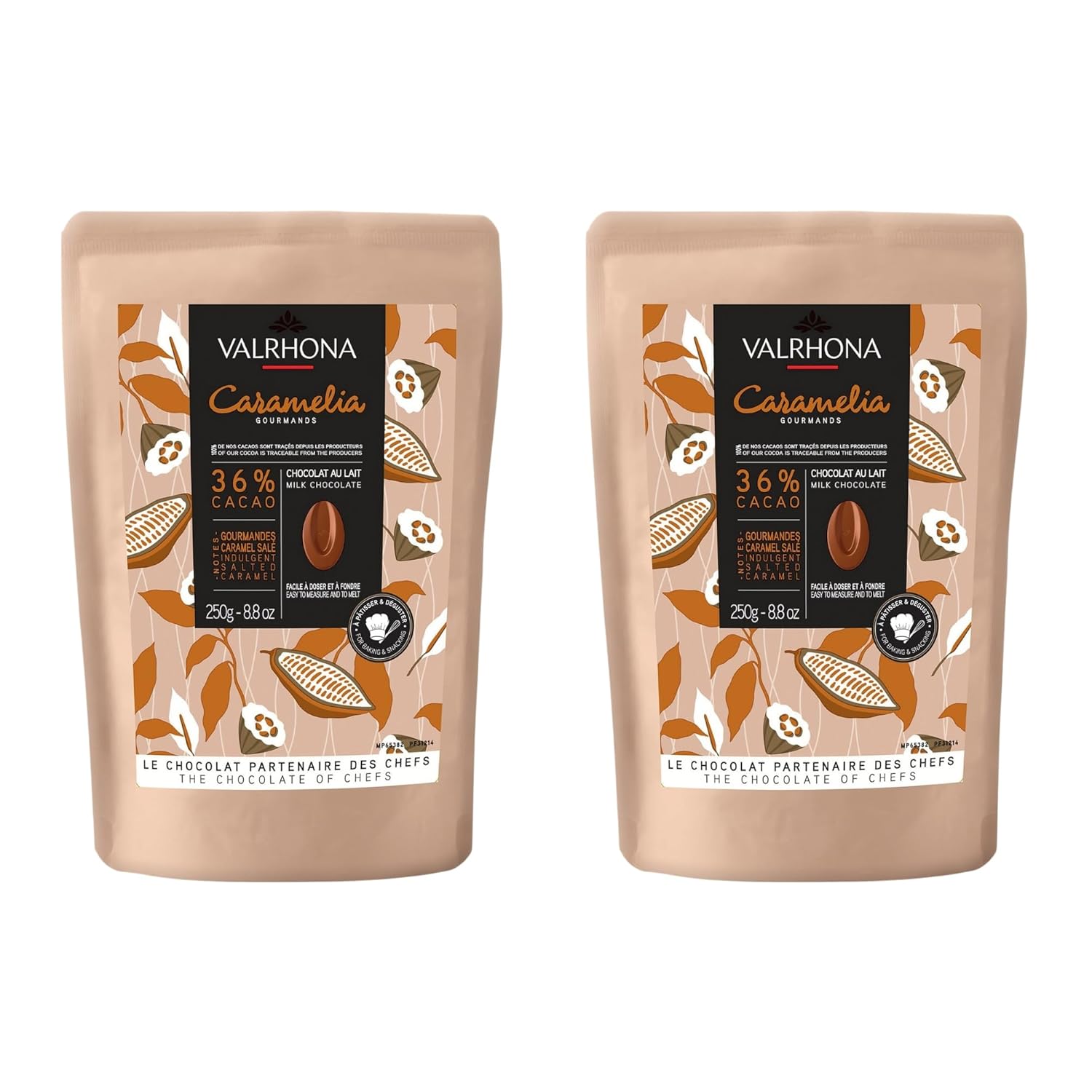 Valrhona Premium French Baking Milk Chocolate Discs (Feves). CARAMELIA 36% Cacao. Creamy, Caramel, Salted Butter Notes. Easy Melt-Tempering. Milky, Balanced. Luscious Frosting, Sauces 250g (Pack of 2)