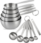 Measuring Cups and Spoons Set,With 5 Stainless Steel Measuring Cups and 5 measuring spoons and Measure Ingredient Leveler and 2 rings. (siliver)