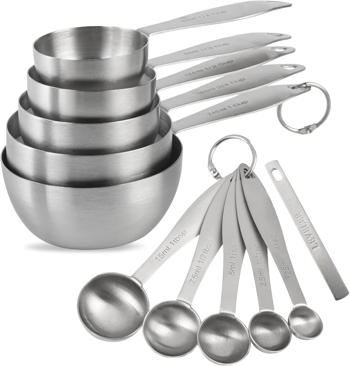 Measuring Cups and Spoons Set,With 5 Stainless Steel Measuring Cups and 5 measuring spoons and Measure Ingredient Leveler and 2 rings. (siliver)