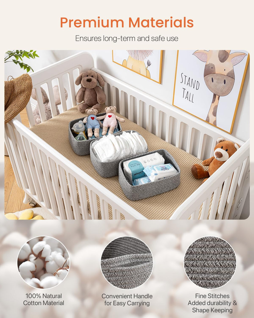 Small Woven Basket, 12 x 8 x 4.5 Inches, Storage Basket for Organizing, Cute Small Rope Shelf Closet Cube Storage Bins Baskets for Shelves, Dog Toy Gift Baskets Empty, 3 Packs, Mixed Grey