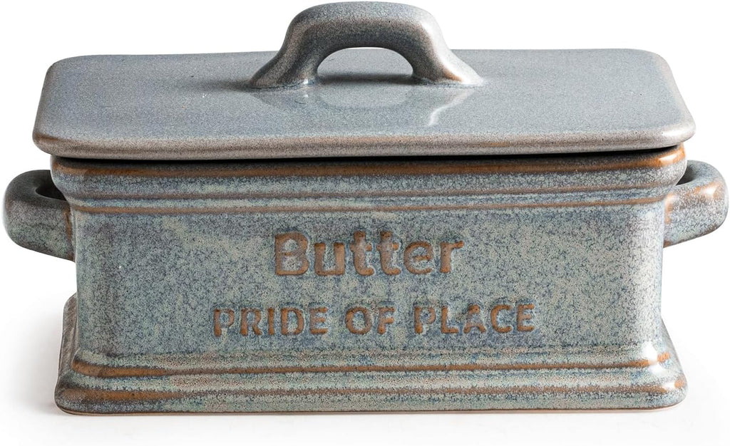 Butter Dish with Lid, Ceramic Butter Holder Container Large Butter Dish for Countertop Farmhouse Decor Butter Keeper for East West Coast Butter, Gray