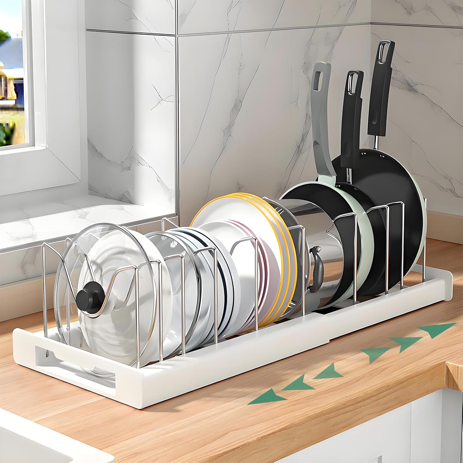 Pot and Pan Organizer, Expandable Pots and Pans Organizer Under Cabinet, Pot Lid Holder with 10 Adjustable Compartment for Bakeware, Cutting Boards, Lid, Dishes, Cookware (1 Pcs)