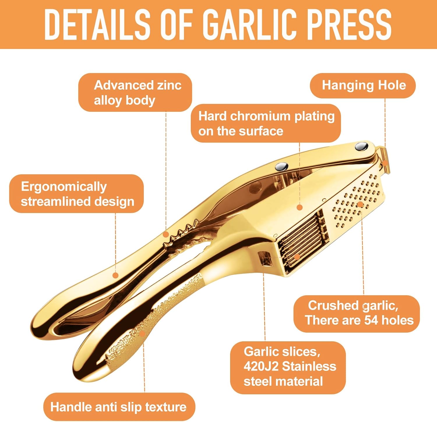 Garlic press and slicer 2 in 1,Effortlessly Crush, Slice, and Mince Garlic,with this Versatile Kitchen Tool - Perfect for Home Cooks and Professional Chefs Alike. (Golden)