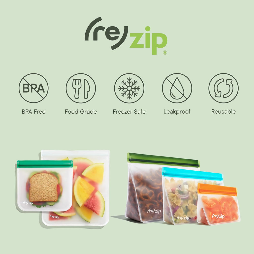 (re) zip 5-pack Stand-Up Reusable Bags | BPA-Free, Food Grade, Leakproof, Freezer and Dishwasher Safe | 5 Snack-Size Bags (1-Cup / 8-Oz) | Multicolor for Easy Organization
