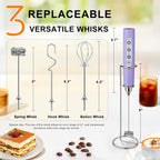 YUSWKO Light Purple Rechargeable Milk Frother for Coffee with Stand, Handheld Drink Mixer with 3 Heads 3 Speeds Electric Stirrers for Latte, Cappuccino, Hot Chocolate, Egg